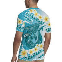 Turquoise Hawaii Shark Tattoo Rugby Jersey Frangipani With Polynesian Pastel Version LT14 - Polynesian Pride