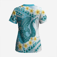 Turquoise Hawaii Shark Tattoo Scrub Top Frangipani With Polynesian Pastel Version - Polynesian Pride