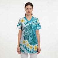 Turquoise Hawaii Shark Tattoo Scrub Top Frangipani With Polynesian Pastel Version - Polynesian Pride
