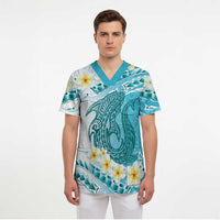 Turquoise Hawaii Shark Tattoo Scrub Top Frangipani With Polynesian Pastel Version - Polynesian Pride