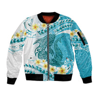 Turquoise Hawaii Shark Tattoo Sleeve Zip Bomber Jacket Frangipani With Polynesian Pastel Version