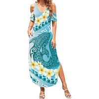 Turquoise Hawaii Shark Tattoo Summer Maxi Dress Frangipani With Polynesian Pastel Version LT14 Women Turquoise - Polynesian Pride