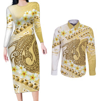 Gold Hawaii Shark Tattoo Couples Matching Long Sleeve Bodycon Dress and Long Sleeve Button Shirt Frangipani With Polynesian Pastel Version