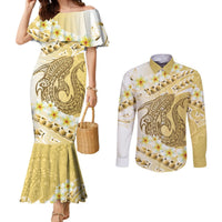 Gold Hawaii Shark Tattoo Couples Matching Mermaid Dress and Long Sleeve Button Shirt Frangipani With Polynesian Pastel Version LT14 Gold - Polynesian Pride
