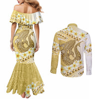 Gold Hawaii Shark Tattoo Couples Matching Mermaid Dress and Long Sleeve Button Shirt Frangipani With Polynesian Pastel Version LT14 - Polynesian Pride