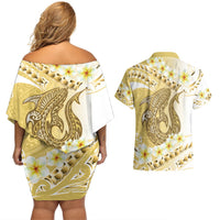 Gold Hawaii Shark Tattoo Couples Matching Off Shoulder Short Dress and Hawaiian Shirt Frangipani With Polynesian Pastel Version