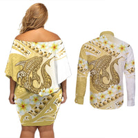 Gold Hawaii Shark Tattoo Couples Matching Off Shoulder Short Dress and Long Sleeve Button Shirt Frangipani With Polynesian Pastel Version