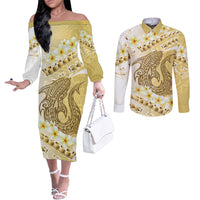 Gold Hawaii Shark Tattoo Couples Matching Off The Shoulder Long Sleeve Dress and Long Sleeve Button Shirt Frangipani With Polynesian Pastel Version