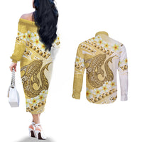 Gold Hawaii Shark Tattoo Couples Matching Off The Shoulder Long Sleeve Dress and Long Sleeve Button Shirt Frangipani With Polynesian Pastel Version