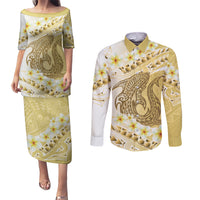 Gold Hawaii Shark Tattoo Couples Matching Puletasi and Long Sleeve Button Shirt Frangipani With Polynesian Pastel Version LT14 Gold - Polynesian Pride
