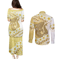 Gold Hawaii Shark Tattoo Couples Matching Puletasi and Long Sleeve Button Shirt Frangipani With Polynesian Pastel Version LT14 - Polynesian Pride