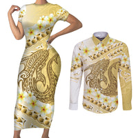 Gold Hawaii Shark Tattoo Couples Matching Short Sleeve Bodycon Dress and Long Sleeve Button Shirt Frangipani With Polynesian Pastel Version