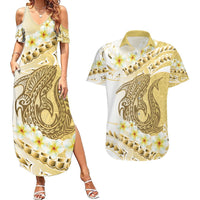 Gold Hawaii Shark Tattoo Couples Matching Summer Maxi Dress and Hawaiian Shirt Frangipani With Polynesian Pastel Version LT14 Gold - Polynesian Pride