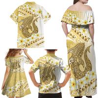 Gold Hawaii Shark Tattoo Family Matching Off Shoulder Maxi Dress and Hawaiian Shirt Frangipani With Polynesian Pastel Version