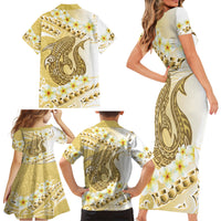 Gold Hawaii Shark Tattoo Family Matching Short Sleeve Bodycon Dress and Hawaiian Shirt Frangipani With Polynesian Pastel Version