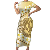 Gold Hawaii Shark Tattoo Family Matching Short Sleeve Bodycon Dress and Hawaiian Shirt Frangipani With Polynesian Pastel Version