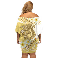 Gold Hawaii Shark Tattoo Off Shoulder Short Dress Frangipani With Polynesian Pastel Version LT14 - Polynesian Pride