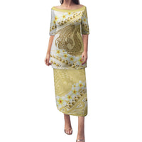 Gold Hawaii Shark Tattoo Puletasi Frangipani With Polynesian Pastel Version LT14 Long Dress Gold - Polynesian Pride