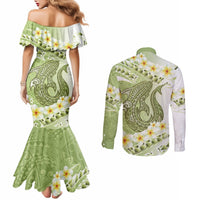 Green Hawaii Shark Tattoo Couples Matching Mermaid Dress and Long Sleeve Button Shirt Frangipani With Polynesian Pastel Version