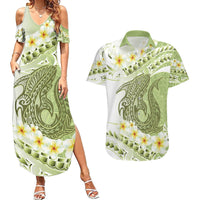 Green Hawaii Shark Tattoo Couples Matching Summer Maxi Dress and Hawaiian Shirt Frangipani With Polynesian Pastel Version