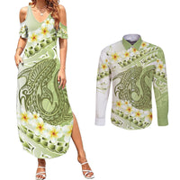 Green Hawaii Shark Tattoo Couples Matching Summer Maxi Dress and Long Sleeve Button Shirt Frangipani With Polynesian Pastel Version LT14 Green - Polynesian Pride