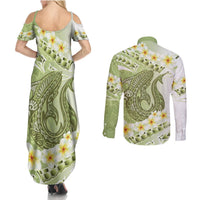 Green Hawaii Shark Tattoo Couples Matching Summer Maxi Dress and Long Sleeve Button Shirt Frangipani With Polynesian Pastel Version LT14 - Polynesian Pride