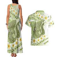 Green Hawaii Shark Tattoo Couples Matching Tank Maxi Dress and Hawaiian Shirt Frangipani With Polynesian Pastel Version