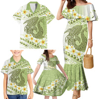 Green Hawaii Shark Tattoo Family Matching Mermaid Dress and Hawaiian Shirt Frangipani With Polynesian Pastel Version