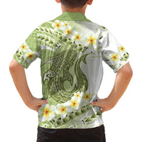 Green Hawaii Shark Tattoo Family Matching Tank Maxi Dress and Hawaiian Shirt Frangipani With Polynesian Pastel Version