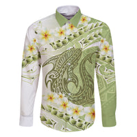 Green Hawaii Shark Tattoo Family Matching Tank Maxi Dress and Hawaiian Shirt Frangipani With Polynesian Pastel Version