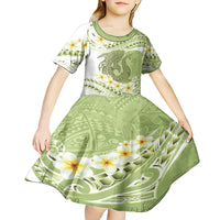 Green Hawaii Shark Tattoo Kid Short Sleeve Dress Frangipani With Polynesian Pastel Version