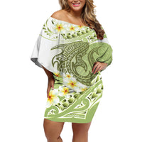 Green Hawaii Shark Tattoo Off Shoulder Short Dress Frangipani With Polynesian Pastel Version LT14 Women Green - Polynesian Pride