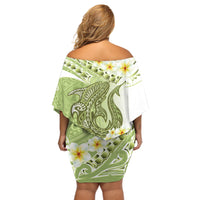 Green Hawaii Shark Tattoo Off Shoulder Short Dress Frangipani With Polynesian Pastel Version LT14 - Polynesian Pride