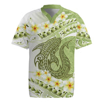 Green Hawaii Shark Tattoo Rugby Jersey Frangipani With Polynesian Pastel Version LT14 Green - Polynesian Pride