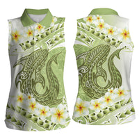 Green Hawaii Shark Tattoo Women Sleeveless Polo Shirt Frangipani With Polynesian Pastel Version