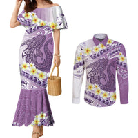 Purple Hawaii Shark Tattoo Couples Matching Mermaid Dress and Long Sleeve Button Shirt Frangipani With Polynesian Pastel Version LT14 Purple - Polynesian Pride