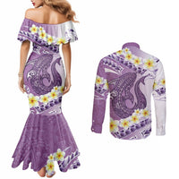 Purple Hawaii Shark Tattoo Couples Matching Mermaid Dress and Long Sleeve Button Shirt Frangipani With Polynesian Pastel Version LT14 - Polynesian Pride
