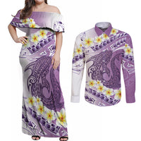 Purple Hawaii Shark Tattoo Couples Matching Off Shoulder Maxi Dress and Long Sleeve Button Shirt Frangipani With Polynesian Pastel Version
