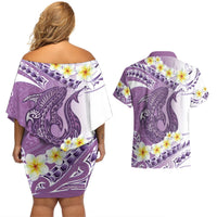 Purple Hawaii Shark Tattoo Couples Matching Off Shoulder Short Dress and Hawaiian Shirt Frangipani With Polynesian Pastel Version