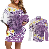 Purple Hawaii Shark Tattoo Couples Matching Off Shoulder Short Dress and Long Sleeve Button Shirt Frangipani With Polynesian Pastel Version