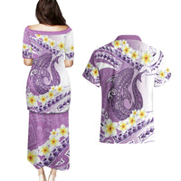 Purple Hawaii Shark Tattoo Couples Matching Puletasi and Hawaiian Shirt Frangipani With Polynesian Pastel Version