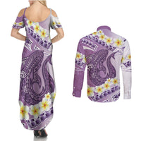 Purple Hawaii Shark Tattoo Couples Matching Summer Maxi Dress and Long Sleeve Button Shirt Frangipani With Polynesian Pastel Version LT14 - Polynesian Pride