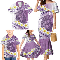 Purple Hawaii Shark Tattoo Family Matching Mermaid Dress and Hawaiian Shirt Frangipani With Polynesian Pastel Version