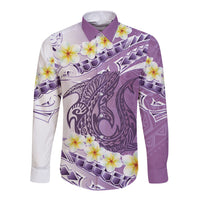 Purple Hawaii Shark Tattoo Long Sleeve Button Shirt Frangipani With Polynesian Pastel Version LT14 Unisex Purple - Polynesian Pride