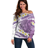 Purple Hawaii Shark Tattoo Off Shoulder Sweater Frangipani With Polynesian Pastel Version LT14 Women Purple - Polynesian Pride
