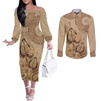 Brown Bula Fiji Couples Matching Off The Shoulder Long Sleeve Dress and Long Sleeve Button Shirt Fijian Dance Fan Tapa Cloth Pattern