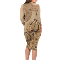 Brown Bula Fiji Family Matching Long Sleeve Bodycon Dress and Hawaiian Shirt Fijian Dance Fan Tapa Cloth Pattern