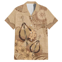 Brown Bula Fiji Family Matching Off The Shoulder Long Sleeve Dress and Hawaiian Shirt Fijian Dance Fan Tapa Cloth Pattern