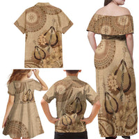Brown Bula Fiji Family Matching Off Shoulder Maxi Dress and Hawaiian Shirt Fijian Dance Fan Tapa Cloth Pattern