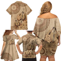 Brown Bula Fiji Family Matching Off Shoulder Short Dress and Hawaiian Shirt Fijian Dance Fan Tapa Cloth Pattern